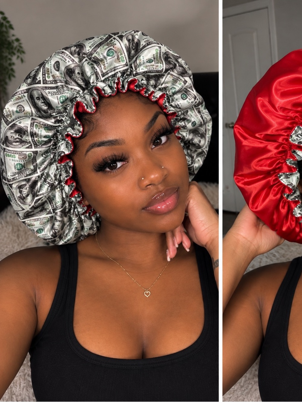 Reversible Satin Bonnet - Red & Money Print